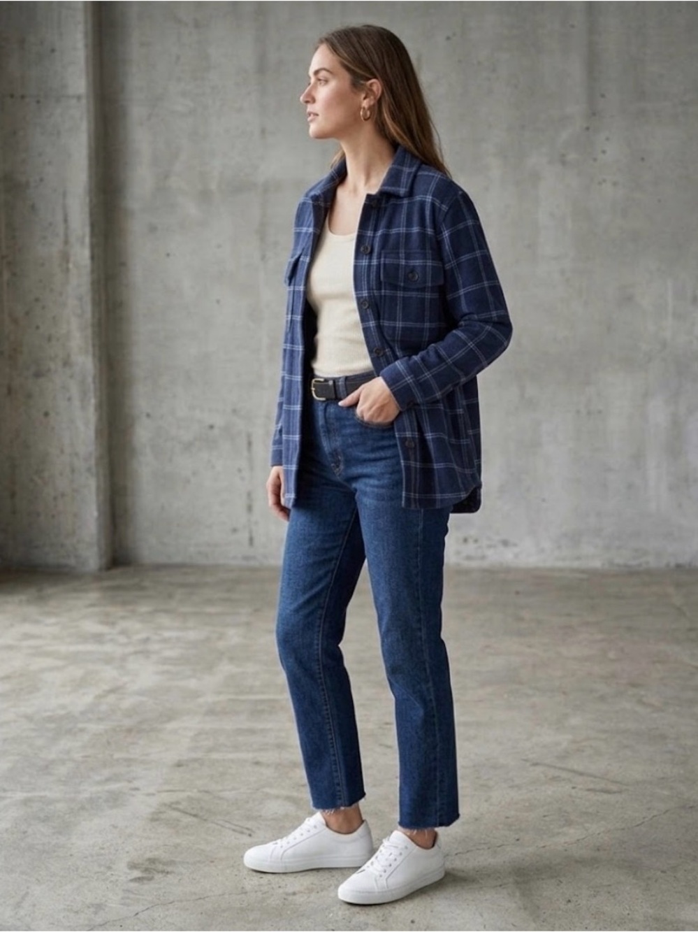 Tilley Unisex Wool Blend Navy Blue Plaid Flannel Shirt Jacket Shacket L